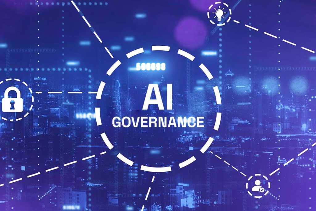 City skyline at night with network graphic overlay and icons like lock, user, light bulb surrounding a circle labeled "AI Governance."